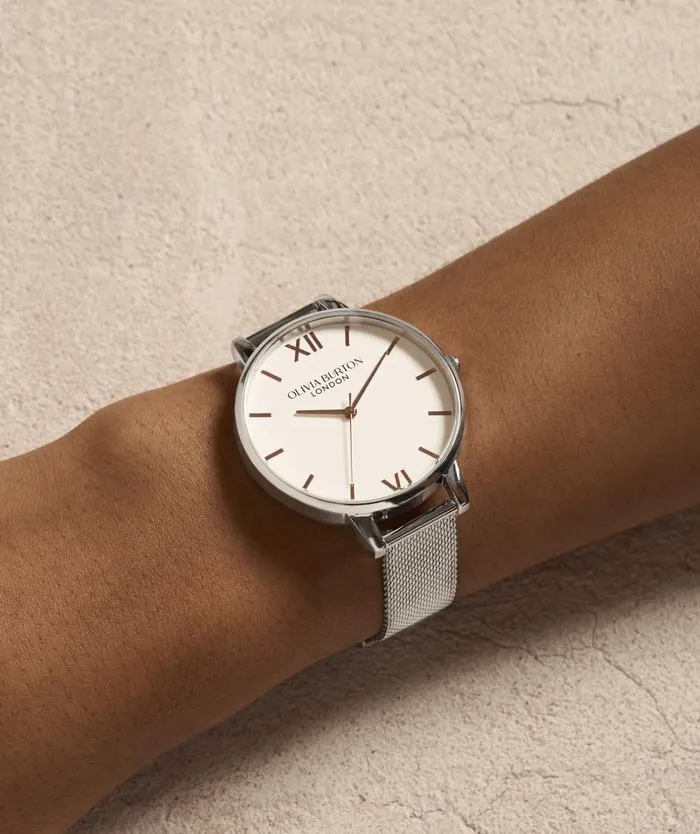 Women White Dial Watches Olivia Burton 38mm White and Silver Mesh Watch