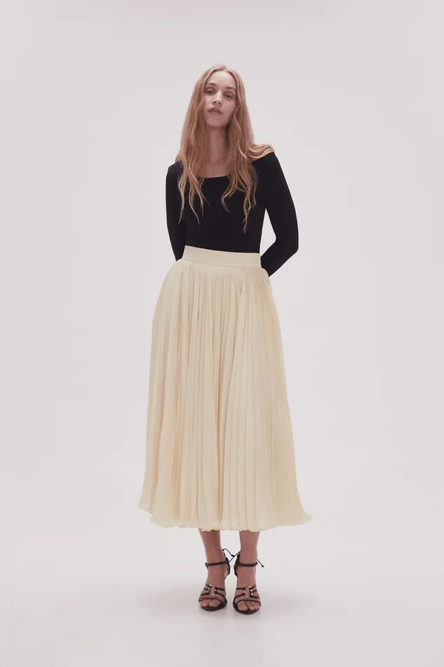 Women Wondrous Pleated Satin Skirt Champagne Cream Aje Skirts