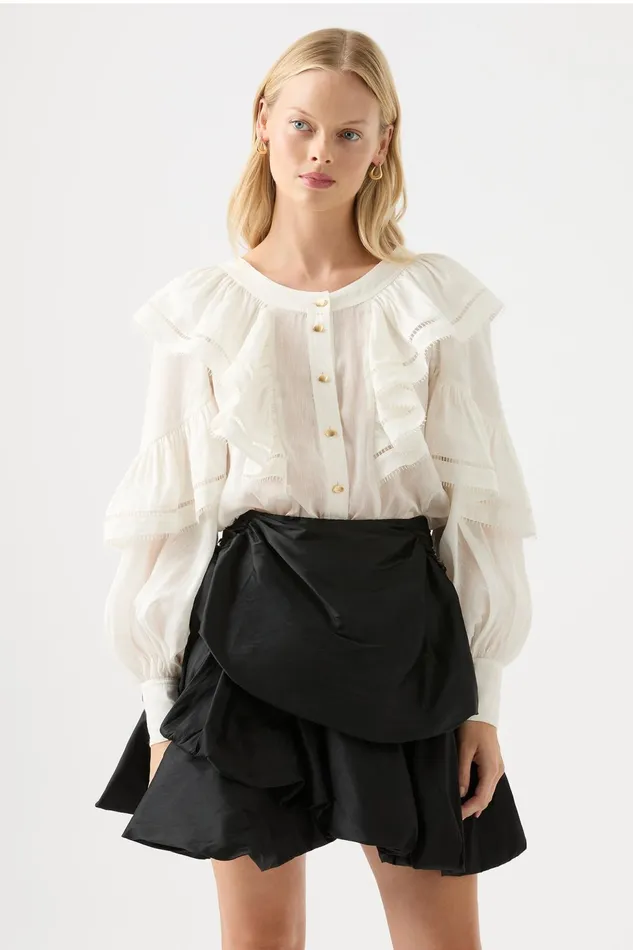 Women Zoe Ruffle Blouse Ivory Aje Tops