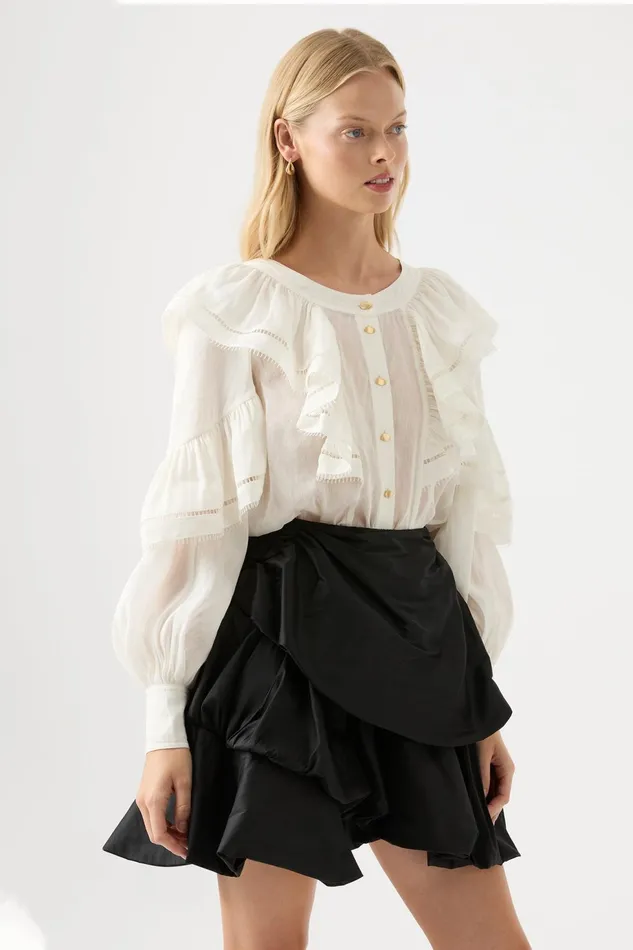 Women Zoe Ruffle Blouse Ivory Aje Tops